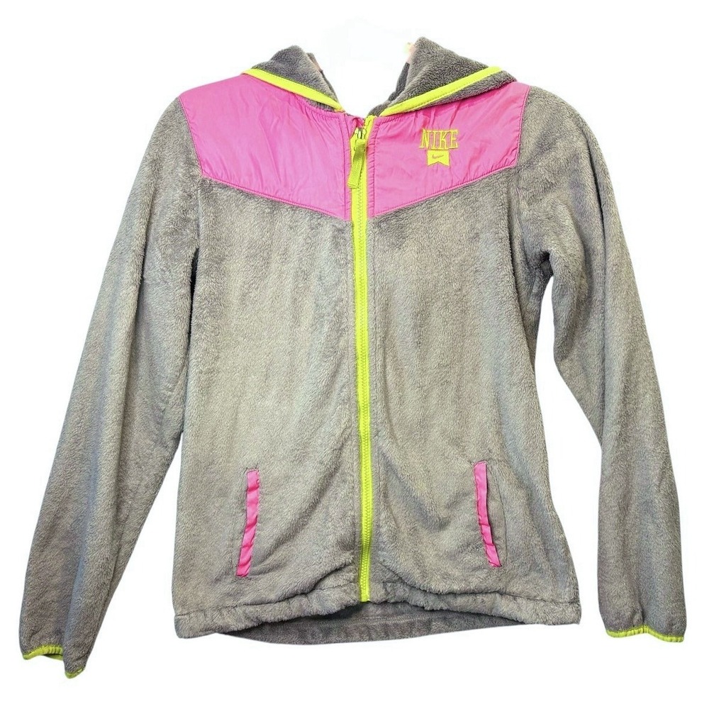 Nike Girls' Size XL Gray Pink Lime Fleece Full-Zip Hooded Jacket Rare Outerwear